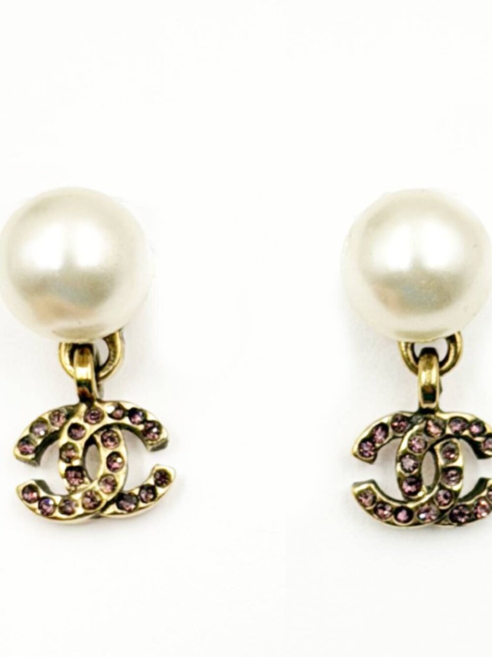 Chanel Vintage Gold Plated CC Silver Stone Tear Drop Dangle Clip on Earrings